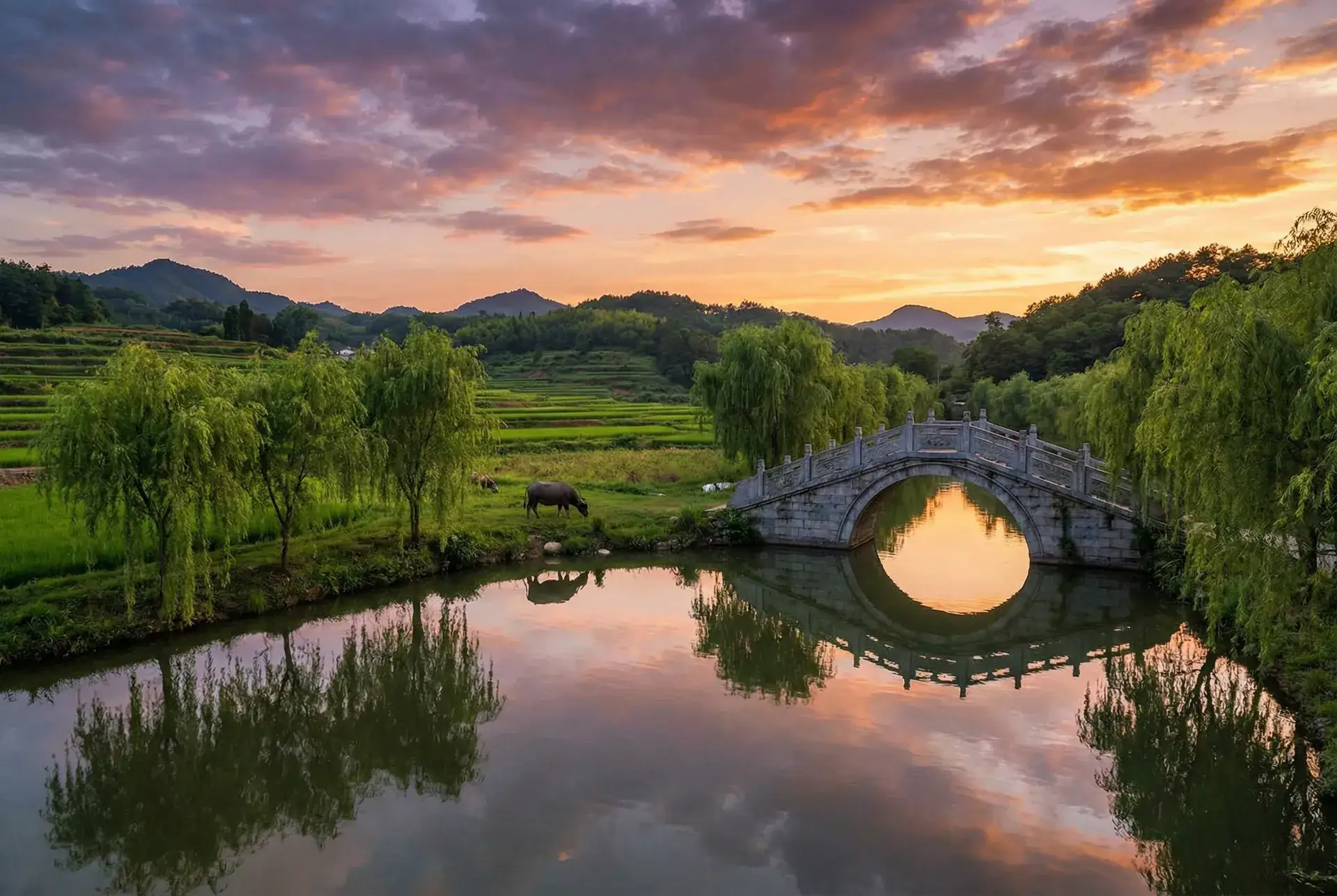 夕阳下的石拱桥与垂柳，水牛在河边吃草 - 新昌营造 乡村美景
